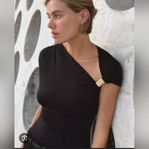 Zara Black One-Shoulder Ruched Top with Metallic Detail